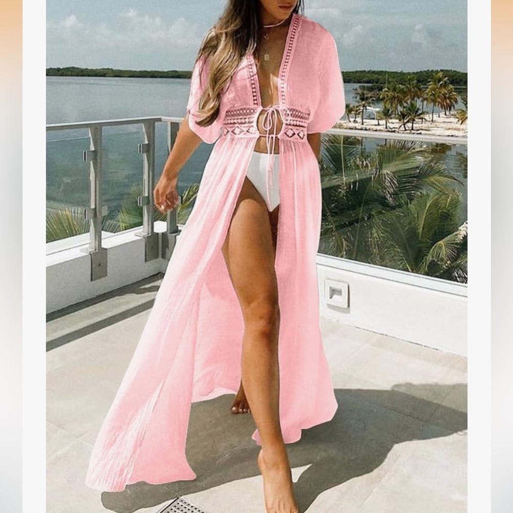 Pink kimono kaftan tie long cover up boho doll crochet wrap robe swimsuit bell